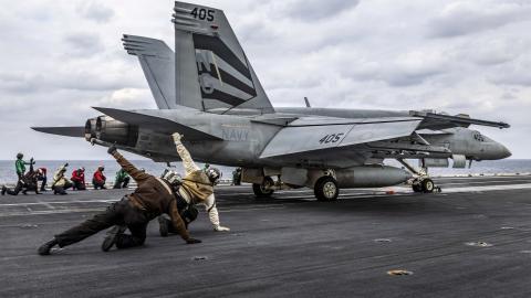 An F/A-18E Super Hornet launches from the flight deck of the USS Abraham Lincoln in the Arabian Sea on January 28, 2026. (US Navy)