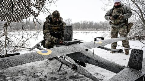 Soldiers assemble a Ukrainian GARA drone before a combat mission in the Pokrovsky direction, Donetsk Oblast, Ukraine, on January 23, 2026. (Getty Images)