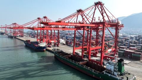 A cargo ship docks at the container terminal of Lianyungang Port in Jiangsu, China, on January 28, 2026. (Getty Images)
