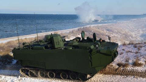 A Zaha Marine Assault Vehicle participates in the Steadfast Dart 2026 NATO military exercise at the Putlos training grounds on February 18, 2026, near Oldenburg in Holstein, Germany. (Getty Images)