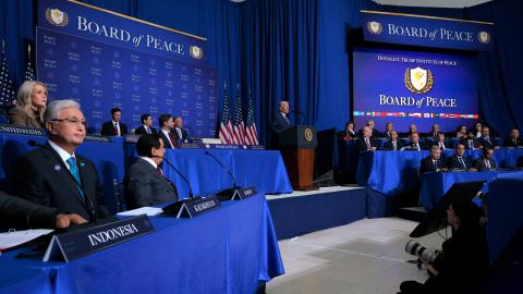 President Donald Trump speaks during the inaugural meeting of the Board of Peace on February 19, 2026, in Washington, DC. (Getty Images) Share to Twitter
