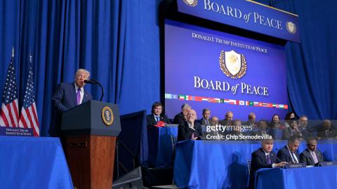 President Donald Trump speaks during the inaugural meeting of the Board of Peace at the Donald J. Trump Institute of Peace on February 19, 2026 in Washington, DC. Assembled to raise money for the rebuilding and stabilization of Gaza, Trump's Board of Peace was formally established on the sidelines of World Economic Forum in January of 2026. (Photo by Chip Somodevilla/Getty Images)