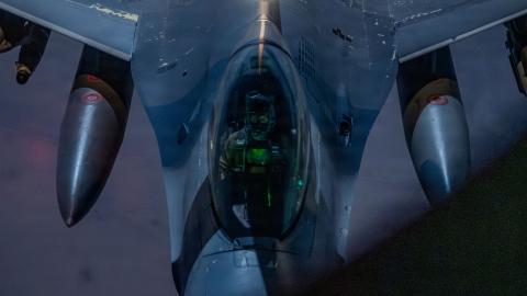 A U.S. Air Force F-16E Fighting Falcon aircraft refuels from a KC-135 Stratotanker aircraft over the U.S. Central Command area of responsibility during Operation Epic Fury, March 2, 2026. (U.S. Air Force photo)