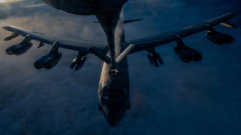 A U.S. Air Force KC-135 Stratotanker aircraft refuels a B-52H Stratofortress aircraft during Operation Epic Fury over the U.S. Central Command area of responsibility, March 20, 2026. (U.S. Air Force photo)