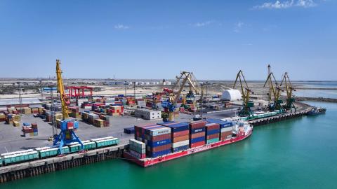 A cargo ship docked at Aktau port, Kazakhstan, on August 6, 2025. (Getty Images)