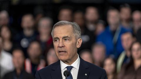 Canadian Prime Minister Mark Carney at Canadian Aviation Electronics in Montreal, Quebec, Canada, on February 17, 2026. (Getty Images)