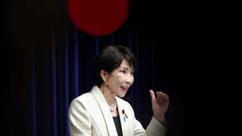 Japan's Prime Minister Sanae Takaichi addresses a news conference at the prime minister's office in Tokyo on February 18, 2026. (Getty Images) 