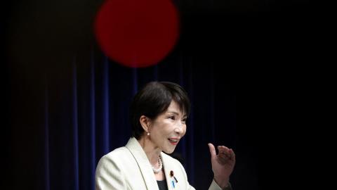 Japan's Prime Minister Sanae Takaichi addresses a news conference at the prime minister's office in Tokyo on February 18, 2026. (Getty Images) 
