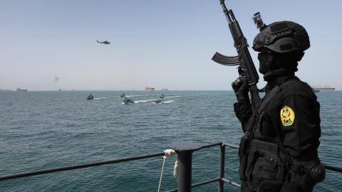 Caption Naval units from Iran and Russia carry out joint drills near the Strait of Hormuz in Iran, on February 19, 2026. (Getty Images)