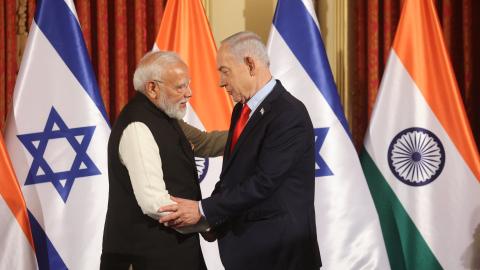 Israel's Prime Minister Benjamin Netanyahu shakes hands with his Indian counterpart Narendra Modi during a press conference in Jerusalem on February 26, 2026. (Getty Images)