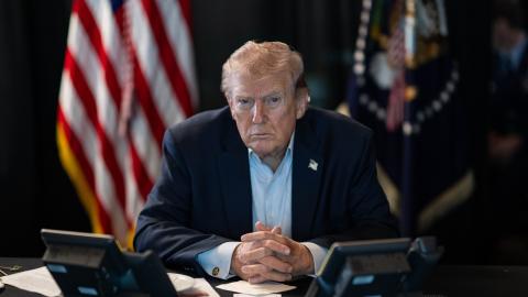 President Donald Trump sits at a table monitoring military operations during Operation Epic Fury against Iran on March 2, 2026. (Getty Images)