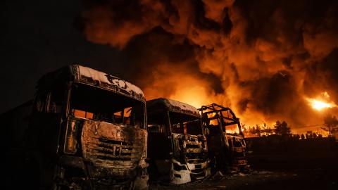 Fire breaks out at the Shahran oil depot after US and Israeli attacks, leaving numerous fuel tankers and vehicles in the area unusable in Tehran, Iran on March 8, 2026. (Photo by Hassan Ghaedi/Anadolu via Getty Images)