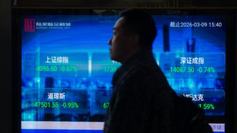 Caption A digital display stock index is seen in Lujiazui, China, on March 9, 2026. (Getty Images) 