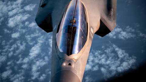 A U.S. Air Force KC-135 Stratotanker aircraft flies above a U.S. Air Force F-35A Lightning II aircraft during Operation Epic Fury in the U.S. Central Command area of responsibility April 5, 2026. (U.S. Air Force photo)