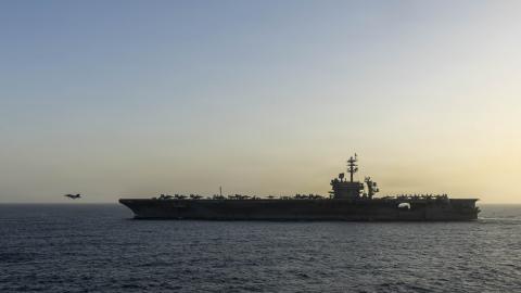 USS Abraham Lincoln (CVN 72) conducts U.S. blockade operations in the Arabian Sea, April 16. The ship's embarked carrier air wing includes eight F-35C stealth fighters, F/A-18 fighter jets, EA-18G electronic attack aircraft, E-2D command and control planes, MH-60 helicopters and CMV-22B Ospreys for logistics support. (U.S. Navy photo)