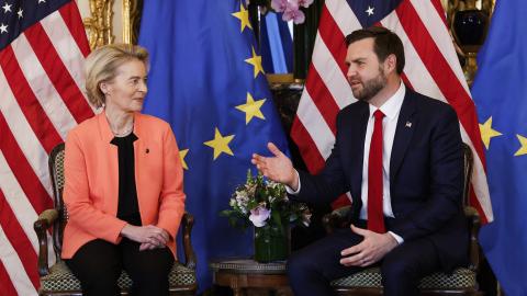 US Vice President JD Vance (R) exchanges remarks with President of the European Commission Ursula von der Leyen (L) during a bilateral meeting held at the Chief of Mission's residence at the US embassy in Paris on February 11, 2025. (Photo by Ian LANGSDON / AFP) (Photo by IAN LANGSDON/AFP via Getty Images)