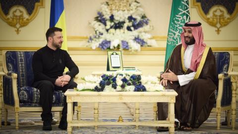 Ukrainian President Volodymyr Zelenskyy (L) meets with Crown Prince and Prime Minister of the Kingdom of Saudi Arabia Mohammed bin Salman Al Saud (R) in Jeddah, Saudi Arabia on March 11, 2025. (Photo by Ukrainian&nbsp;Presidency /&nbsp;Handout/Anadolu via Getty Images)