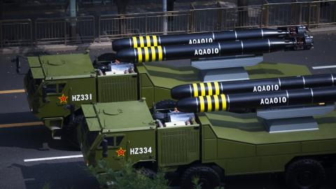 Military vehicles transport aqa-010 torpedo past Tian'anmen Square during V-Day military parade to commemorate the 80th anniversary of the victory in the Chinese People's War of Resistance against Japanese Aggression and the World Anti-Fascist War on September 3, 2025 in Beijing, China. (Photo by Liu Xinwu/VCG via Getty Images)