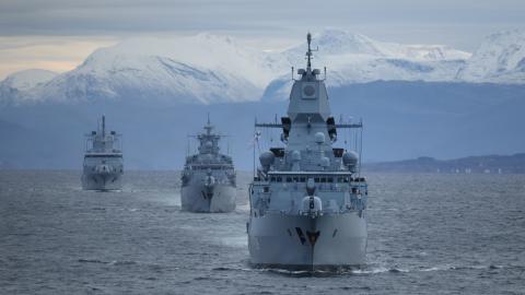The “Sachsen” (R), "Bayern" (C) and "" frigates of the German Navy sail during the Andoya "Missile Firing Exercise 2025“ military exercise in the North Sea on October 13, 2025 near Harstad, Norway. Nine ships and one submarine of the German Navy are participating in the live-fire exercise, during which they will launch anti-aircraft and anti-ship missiles as well as anti-submarine torpedoes. The exercise is taking place from October 6-30 and is the biggest live-fire missile exercise of the German Navy in 30