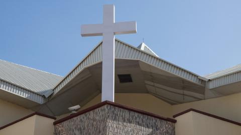 A general view of a cross on the buidling of the Ekklesiyar Yan'uwa a Nigeria (EYN) Local Church Council (LLC) wulari Jerusalem church in Maiduguri on December 27, 2025. (Photo by Audu MARTE / AFP via Getty Images)