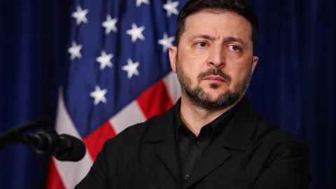 Ukrainian President Volodymyr Zelensky listens during a press conference with U.S. President Donald Trump following their meeting at Trump’s Mar-a-Lago club on December 28, 2025 in Palm Beach, Florida. Trump invited Zelensky to his private club to work on the U.S. proposed peace plan to end the war in Ukraine as the conflict approaches four years since the sudden full-scale invasion by Russia on February 24, 2022. (Photo by Joe Raedle/Getty Images)