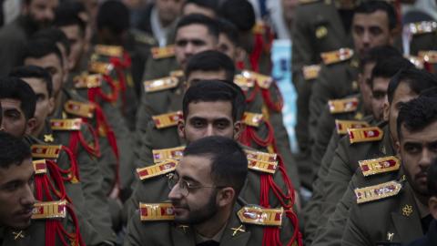 Cadets of the Iranian Army Ground Forces Officer Academy take part in a ceremony marking the 47th anniversary of the victory of Iran's Islamic Revolution at the shrine of Ayatollah Ruhollah Khomeini in the Behesht-e Zahra cemetery in southern Tehran, Iran, on February 1, 2026, (Photo by Morteza Nikoubazl/NurPhoto via Getty Images)