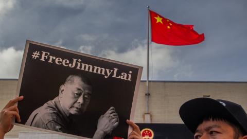  People gather in front of the Chinese Consulate General to protest the unjust conviction of media entrepreneur Jimmy Lai on February 14, 2026 in Los Angeles, California. Jimmy Lai is a Hong Kong media entrepreneur who has stood up for the freedom of the Press. He has been held since December 2, 2020 and was convicted for violating Beijing's imposed National Security Law on Hong Kong, which was passed in June 30, 2020. The prosecution retroactively prosecuted him on his activities, which were done prior to 