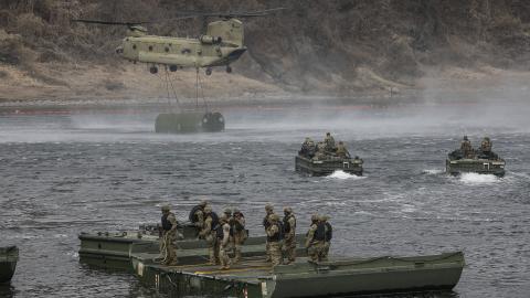 On March 14, 2026, in Yeoncheon, South Korea, United States and Republic of Korea Army engineering battalions take part in a river crossing drill near the DMZ in Yeoncheon, South Korea. The South Korean and U.S. militaries stage joint river-crossing drills in the border county of Yeoncheon as part of their annual key springtime exercise aimed at enhancing interoperability between the allies. (Photo by Seung-il Ryu/NurPhoto via Getty Images)