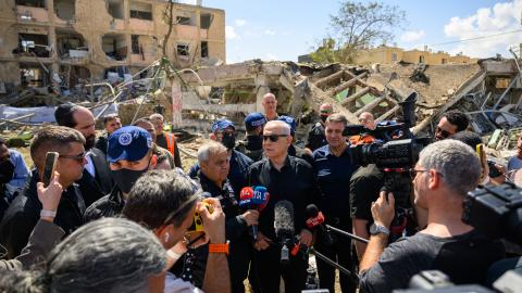 Israeli prime minister Benjamin Netanyahu speaks to the media on March 22, 2026, in Dimona, Israel. (Getty Images)