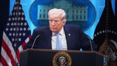  President Donald Trump conducts a news conference in the White House briefing room about the war in Iran on Monday, April 6, 2026. (Tom Williams/CQ-Roll Call, Inc via Getty Images)
