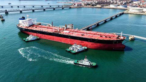An oil tanker is being unloaded with imported crude oil at the Qingdao Port Oil Terminal in Shandong Province, China on April 7, 2026. (Photo credit should read CFOTO/Future Publishing via Getty Images)