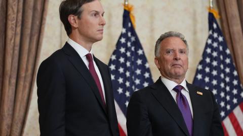  Jared Kushner, left, and Steve Witkoff, Special Envoy for Peace Missions listen as Vice President JD Vance speaks during a news conference after meeting with representatives from Pakistan and Iran, April 12, 2026 in Islamabad, Pakistan. (Photo by Jacquelyn Martin - Pool/Getty Images)