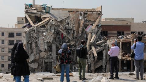 Representatives from more than a dozen foreign diplomatic missions and the media view damage at sites previously targeted by US-Israeli strikes, on April 20, 2026, in Tehran, Iran. (Getty Images)