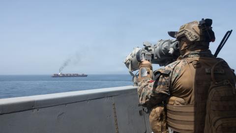 US forces patrol the Arabian Sea near the container ship MV Touska close to the Strait of Hormuz on April 20, 2026. (Getty Images)