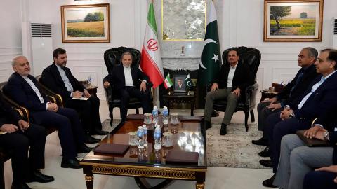 Pakistan's army chief and field marshal meeting with Iranian foreign minister Abbas Araghchi, upon his arrival in Islamabad on April 25, 2026. (Getty Images)