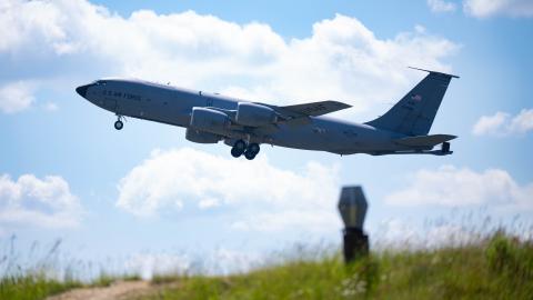 A US Air Force KC-135 Stratotanker takes off from Spangdahlem Air Base in Germany on May 19, 2025. (US Air Force)