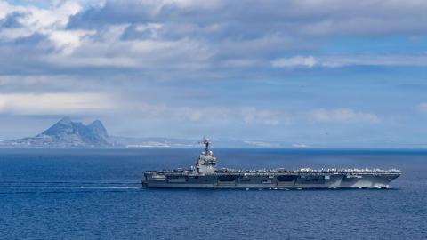 The USS Gerald R. Ford transits the Strait of Gibraltar on October 1, 2025. (US Navy)