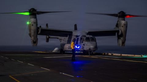 An MV-22 Osprey prepares to takeoff on the flight deck of America-class amphibious assault ship USS Tripoli (LHA 7) during Operation Epic Fury, April 2, 2026. (U.S. Marine Corps Photo)