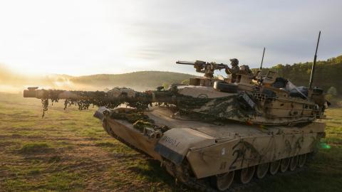 A US Army M1A2 Abrams tank prepares to engage simulated targets during exercise Combined Resolve 26-07 at the Joint Multinational Readiness Center’s Hohenfels Training Area in Germany on April 28, 2026. (US Army)