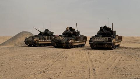 A team of U.S. Army M3 Cavalry Fighting Vehicles stand guard in the U.S. Central Command area of responsibility. The M3 is the U.S. Army's armored reconnaissance vehicle and a member of the Bradley Fighting Vehicle family, armed with a 25mm chain gun, a 7.62mm machine gun, and an anti-tank missile launcher. (U.S. Army photo