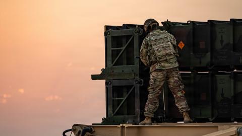 A U.S. Army air defense artilleryman works to place an MIM-104 Patriot missile system into operation in the U.S. Central Command area of responsibility. The Patriot is the Army’s primary terminal-phase anti-ballistic missile system. (U.S. Army photo)