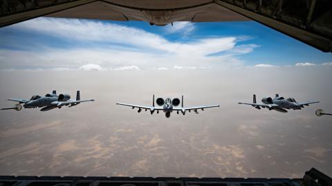 Three U.S. Air Force A-10C Thunderbolt II aircraft fly in formation after aerial refueling from an HC-130J Combat King II aircraft in the U.S. Central Command area of responsibility, May 9, 2026. (U.S. Air Force photo)