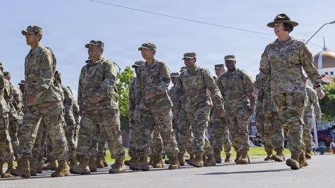 Fort Sill Soldiers and Marines march in formation in participation of the Armed Forces Day parade in Lawton, Oklahoma on May 16, 2026. Soldiers and Marines stationed on Fort sill marched in multiple formations along with military vehicles and weaponry as part of the event. Celebrated on the third Saturday in May, Armed Forces Day was established in 1950 as a holiday dedicated to honoring the men and women currently serving across all branches of the United States military. (U.S. Army photo by Cpl. Emaney Wi