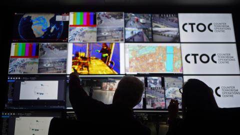 A wall of screens displaying surveillance camera footage at the Counter Terrorism Operations Centre in London on February 27, 2023. (Getty Images)