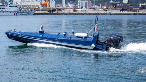 An uncrewed surface vessel, Black Tide I by Lungteh Shipbuilding, maneuvers as a part of the demonstration during a demonstration on June 17, 2025, in Yilan, Taiwan. (Getty Images)