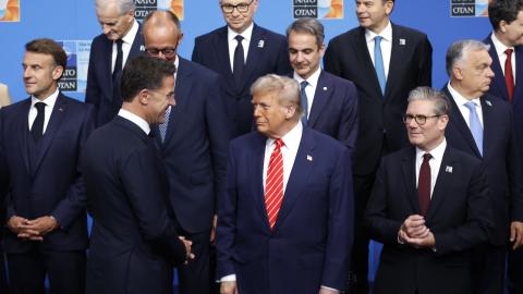 President Donald Trump pose with NATO heads of state and government at the Hague on June 25, 2025. (Getty Images) Share to Twitter