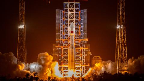 A Long March-8A carrier rocket carrying a new group of low Earth orbit satellites blasts off from the Hainan commercial spacecraft launch site on August 26, 2025 in Wenchang, Hainan Province of China.