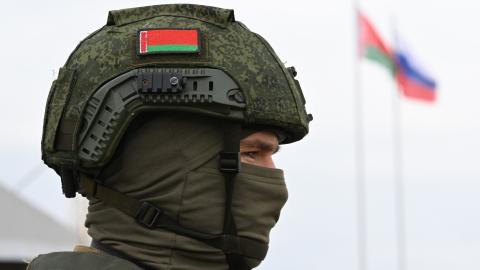 A Belarusian soldier takes part in the Zapad-2025 joint Russian-Belarusian military drills at a training ground near the town of Borisov, Belarus, on September 15, 2025. (Getty Images)