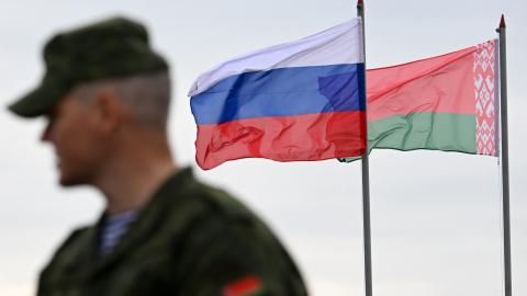 Flags of Russia and Belarus fly in the wind during joint Russian-Belarusian military drills in Minsk, on September 15, 2025. (Getty Images)