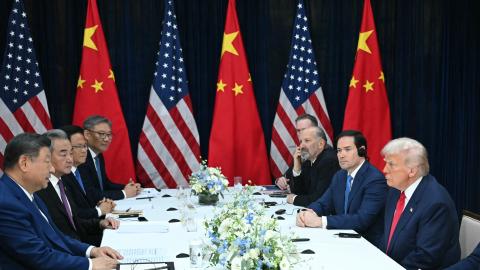 Presidents Donald Trump and Xi Jinping hold talks at the Gimhae Air Base in Busan, South Korea, on October 30, 2025. (Getty Images)